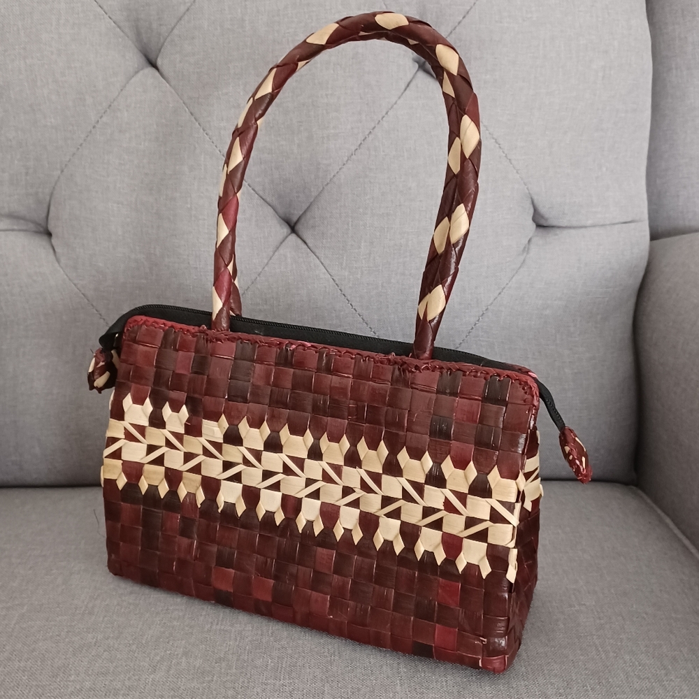 Basket Weave Hand Bag Maroon Tan